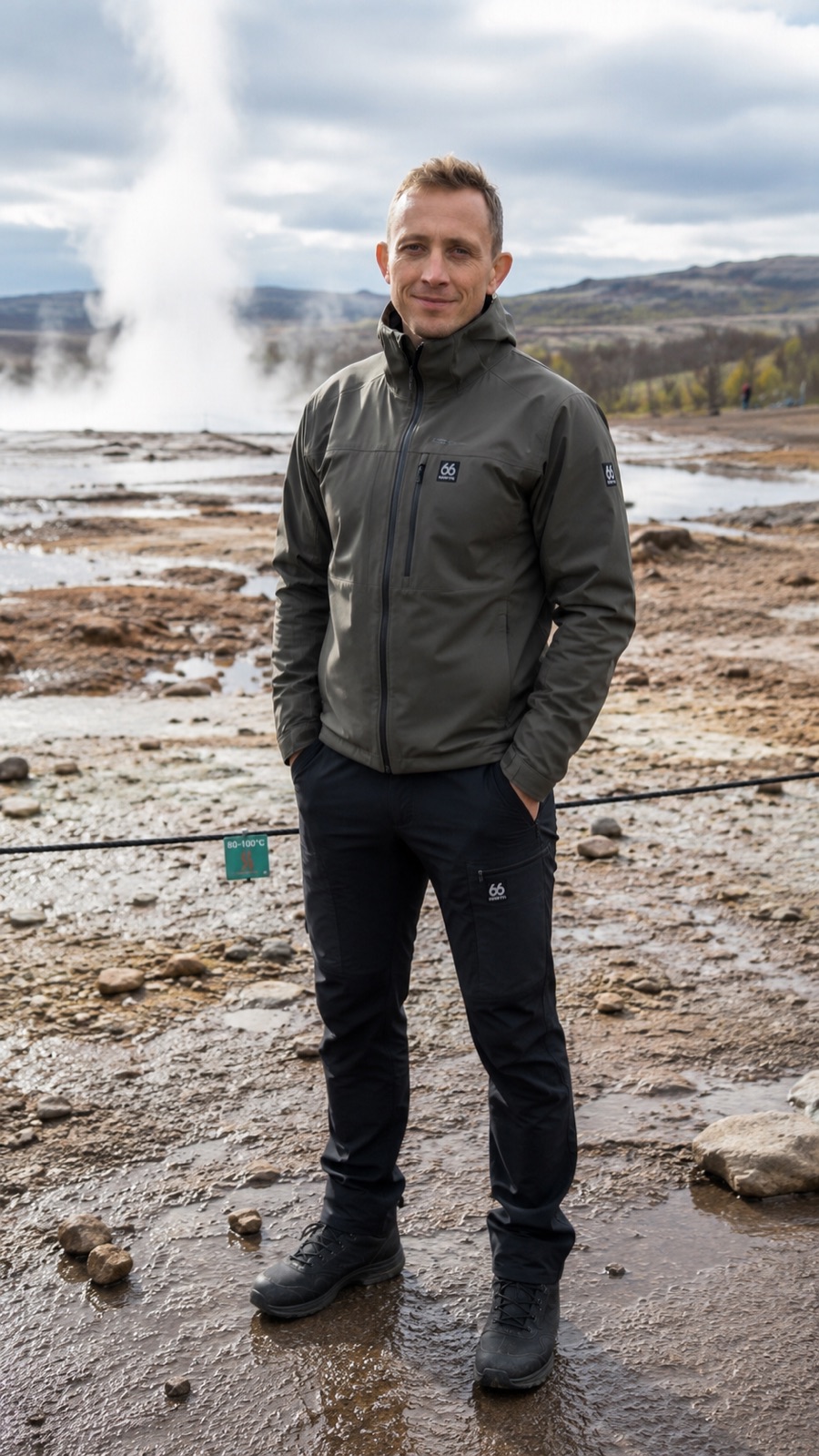Bjorn Einarsson standing at the Geysir geothermal area with Strokkur erupting behind him