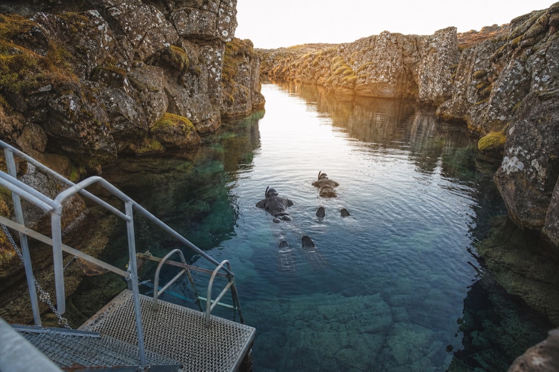 Snorkelers in dry suits floating on the glass-clear turquoise water of the Silfra fissure at Þingvellir