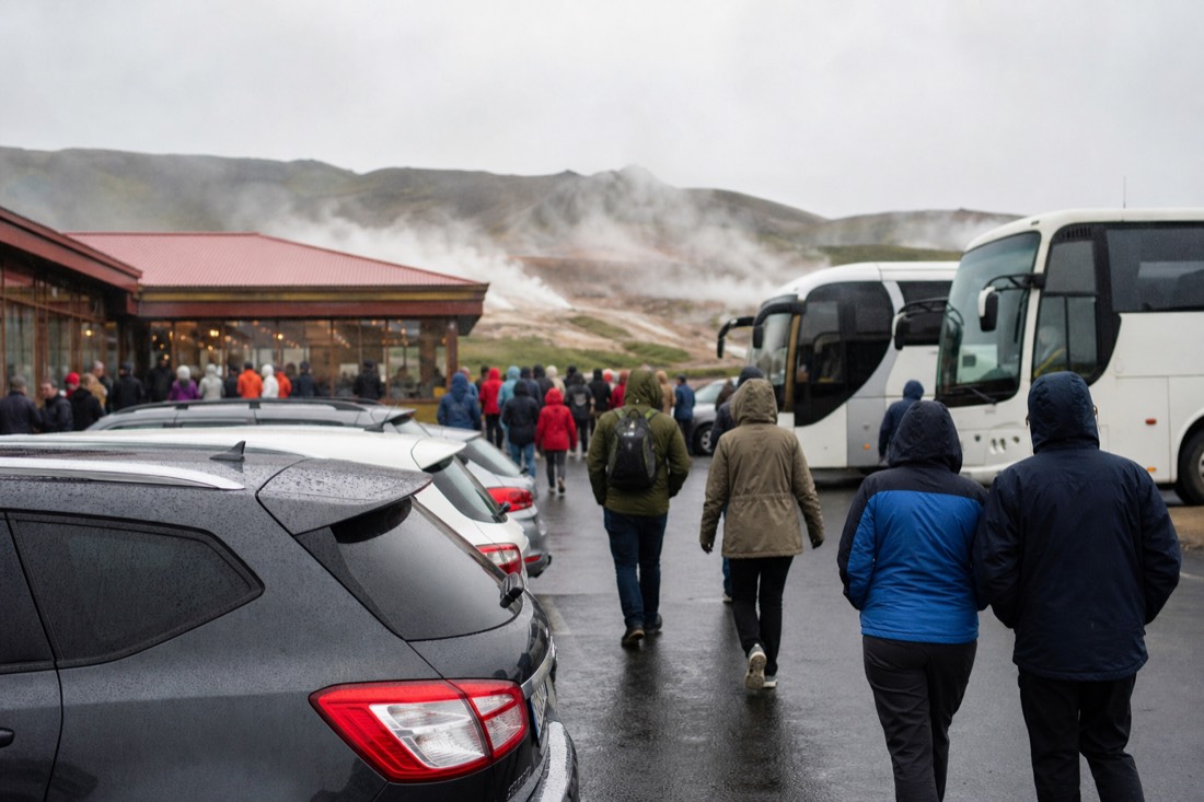 Tour groups crowding the café and car park at the Geysir field