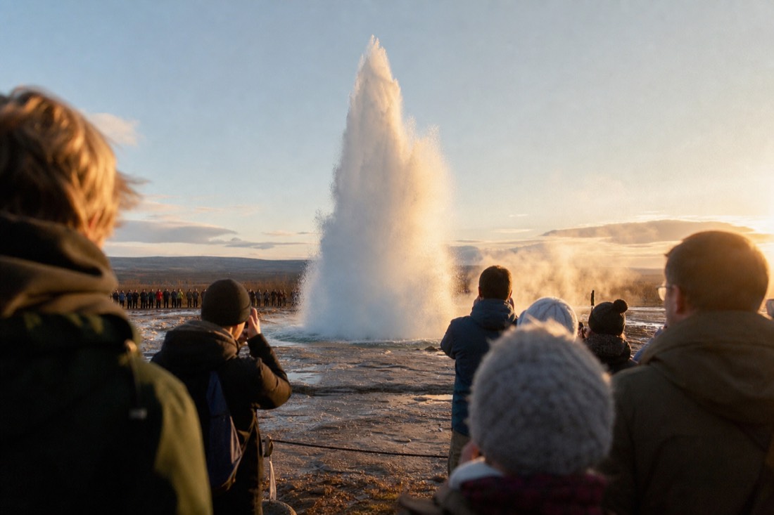 Visitors at the rope line watching Strokkur throw a column of boiling water at Geysir